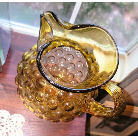 VTG Amber Glass Hobnail Pitcher wide belly applied handle hand blown 8.25" H MCM - Picture 2 of 16